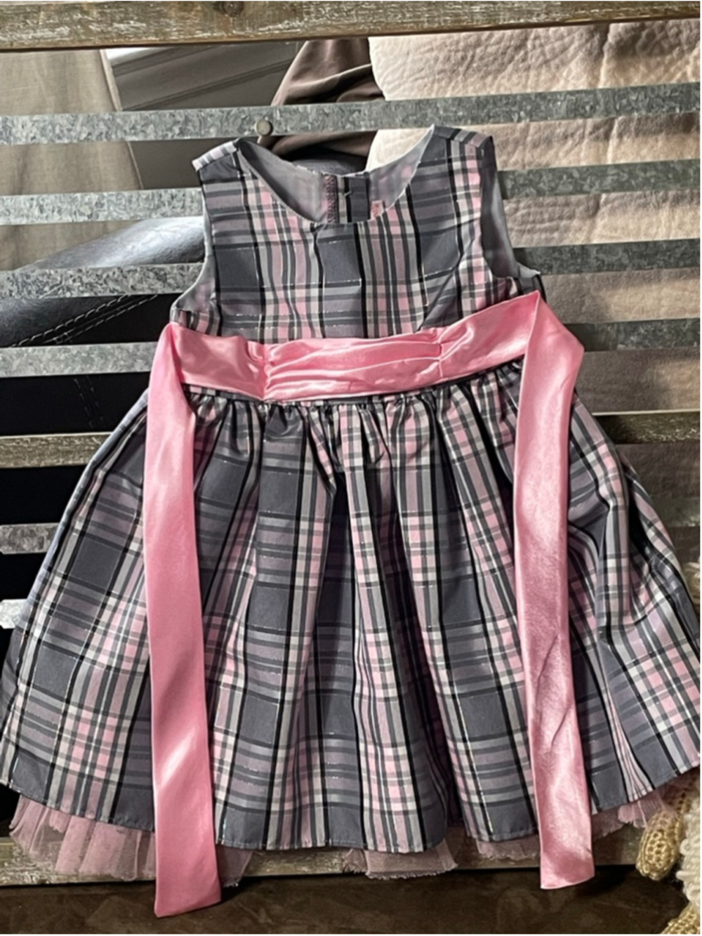 Girls Youngland Formal Dress 18 Months Gray Pink Plaid - Picture 2 of 8